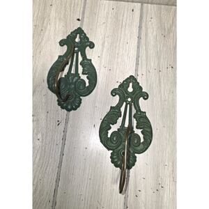 Vtg Antique Scrolled Cast Iron Bill Receipt Holder Green Ornate Wall Coat Hook